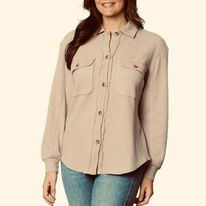 Briggs Waffle Shirt Top Relaxed Fit Button Front Long Sleeve Women Large New NWT